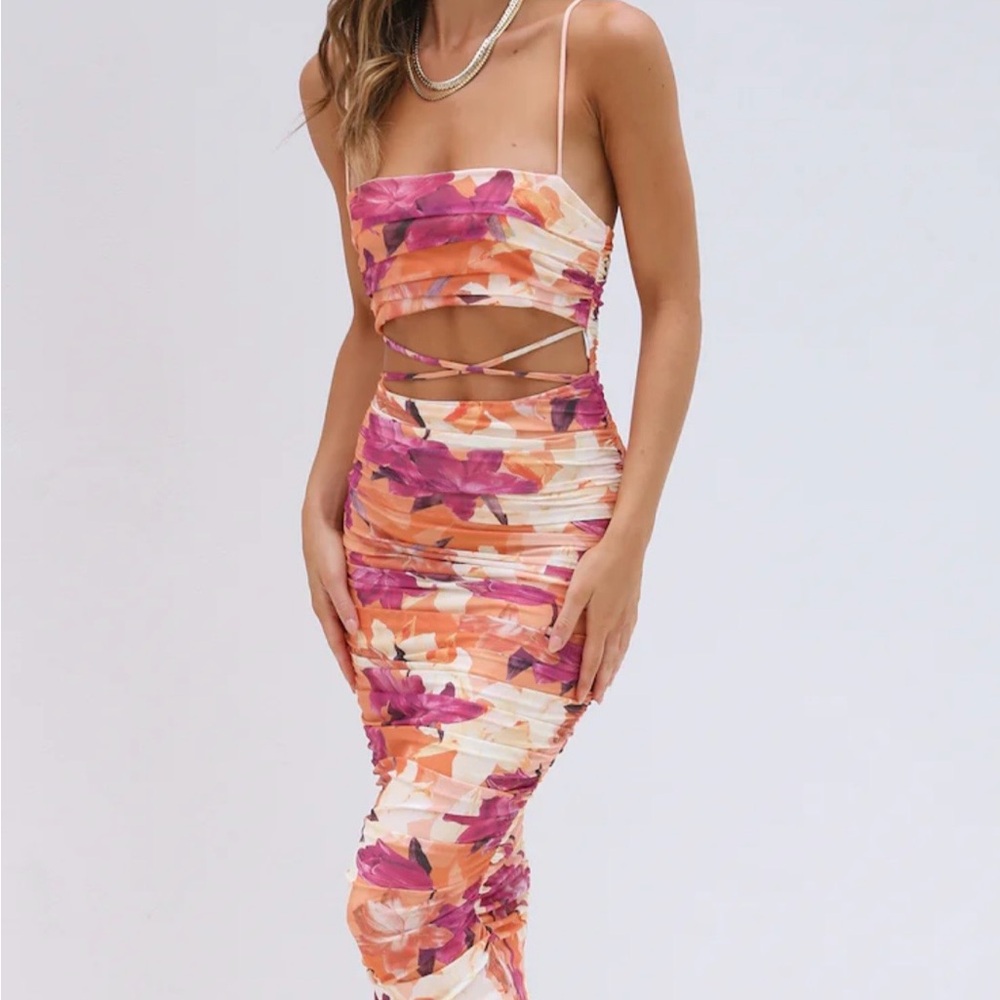 Floral Tie-Waist Midi Dress in Pink & Orange
